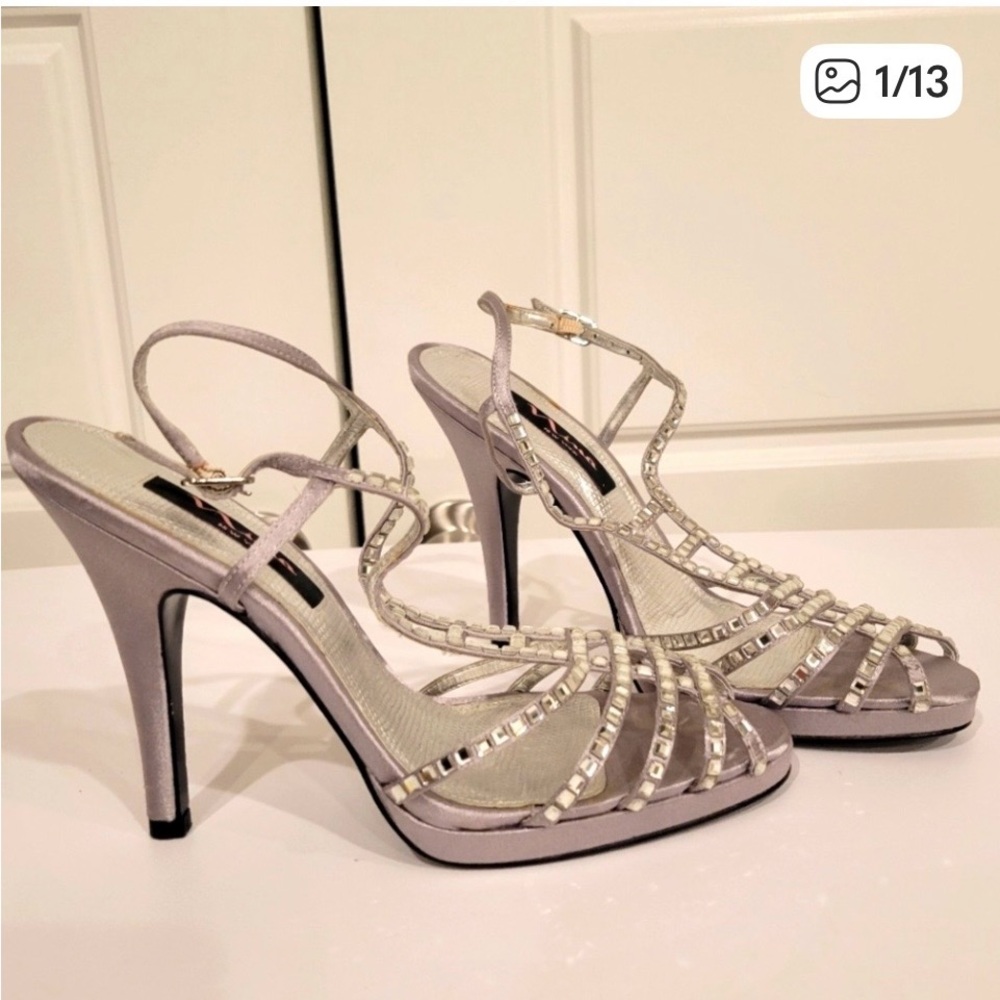#527 Nina New York Shoes Silver Rhinestone Strappy High Heels with Satin Heels